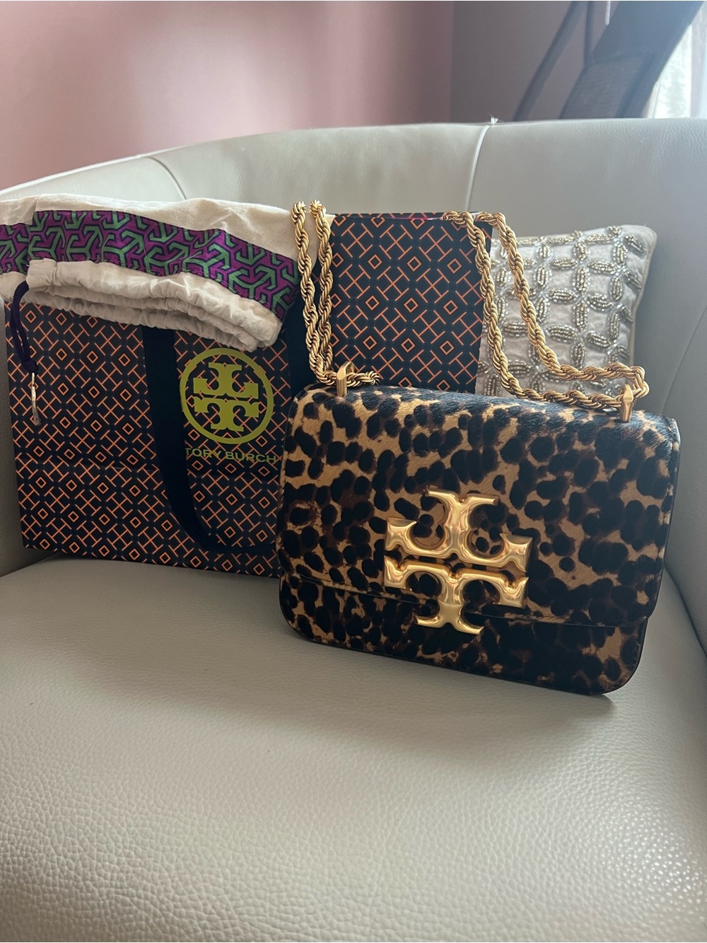 Tory Burch Leopard-Print Fleming Shoulder Bag with Gold Hardware